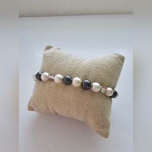 Large Wrist Pearl, Hematite & taupe Crystal Beaded Bracelet  Silver Tone Clasp